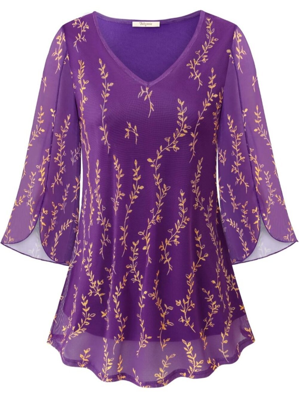 Bebonnie Women's Top Violet Ruffle 3/4 Sleeves V Neck Double Layers Mesh Blouses